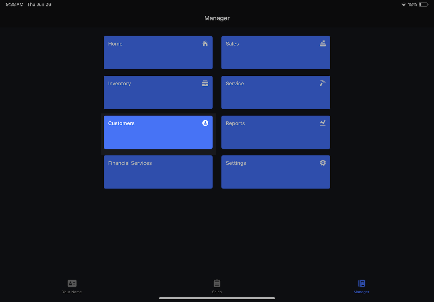 Manager tab on iPad with Customers emphasized.
