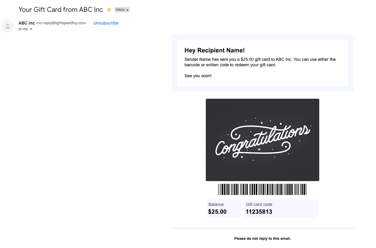 Received email showing gift card bar code, amount, and gift card code.