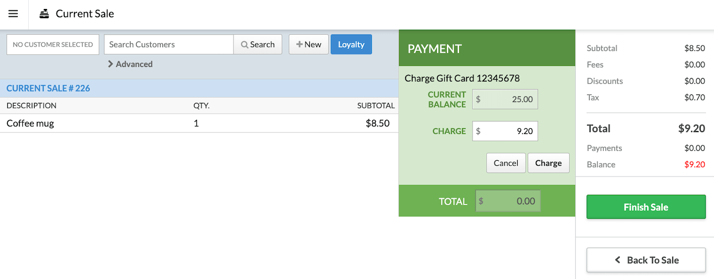 Sale page with Payment section showing current gift card balance and amount to be charged.