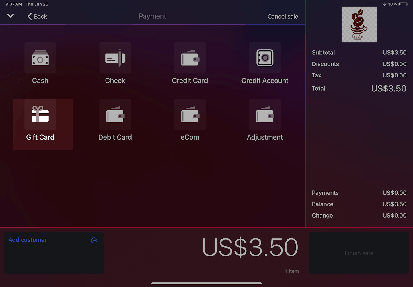 More Payments page with Gift Card emphasized.