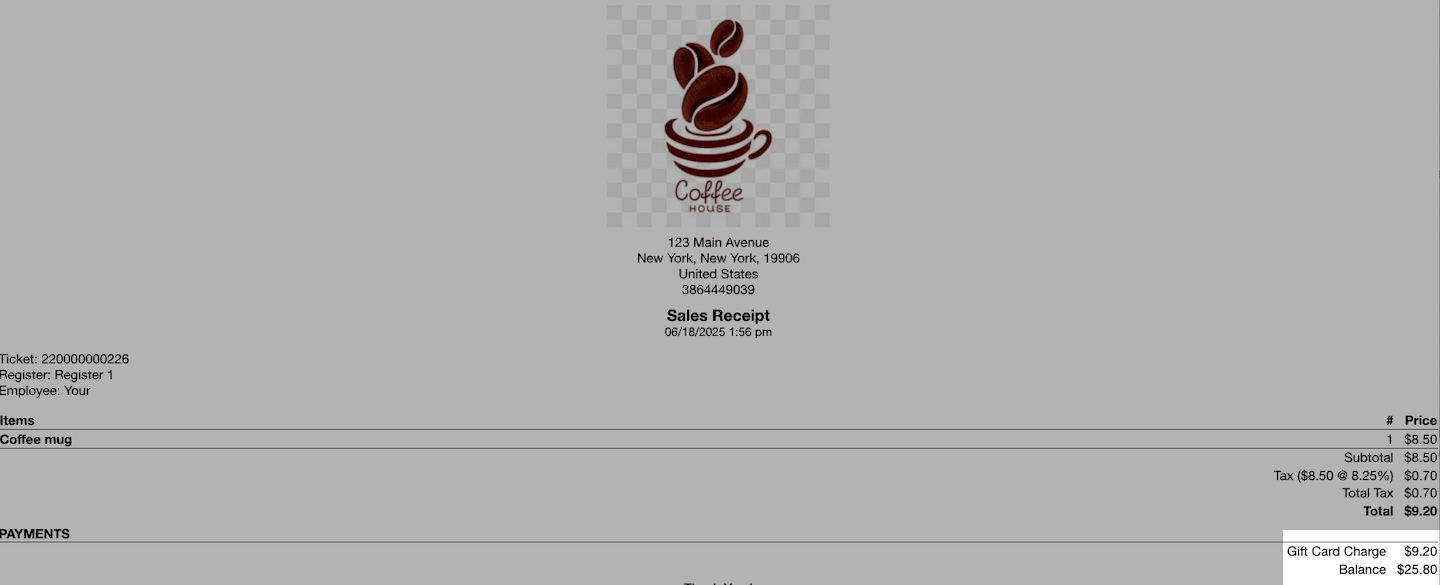 Sales receipt with Gift Card Charge and remaining Balance emphasized.
