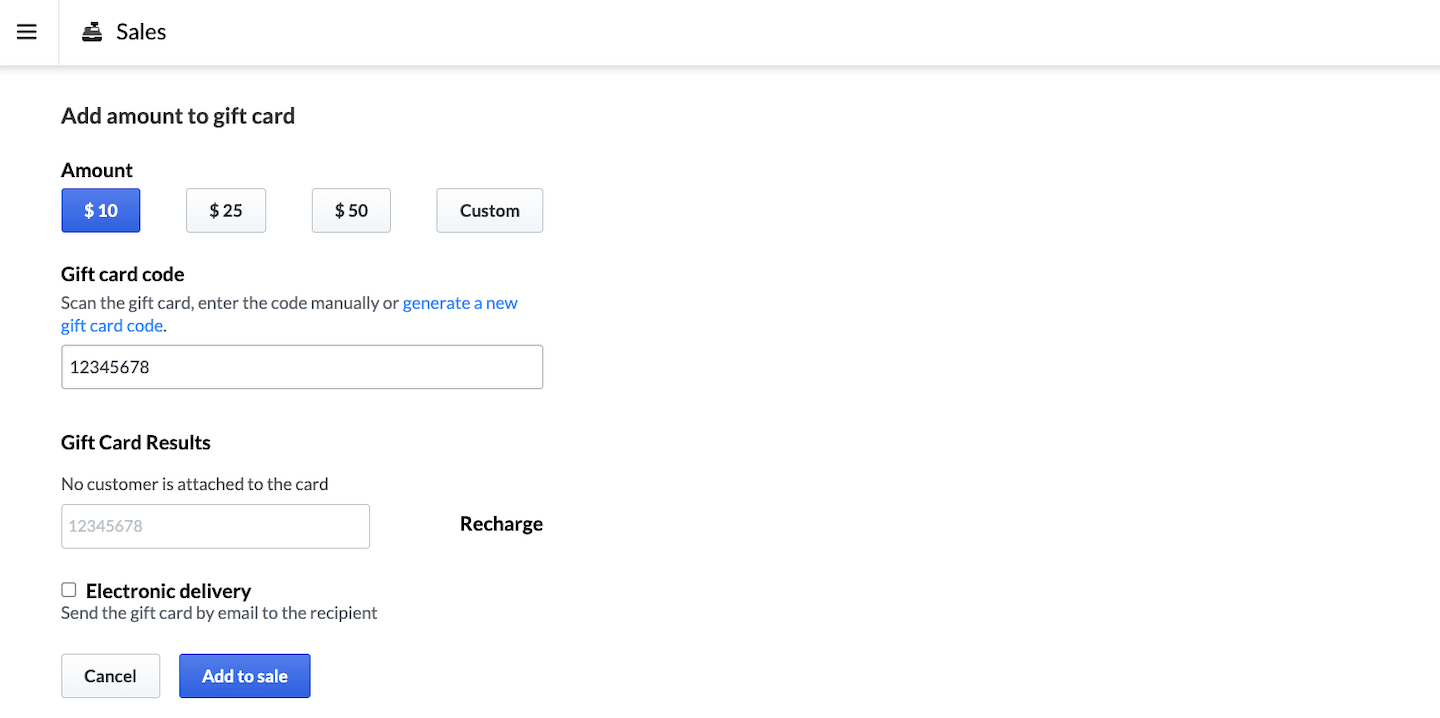 Add amount to gift card page showing Recharge.