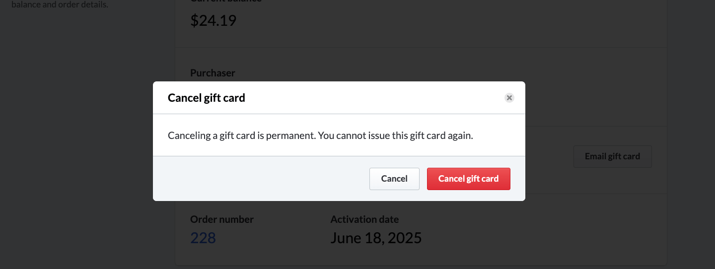 Cancel gift card confirmation pop-up.