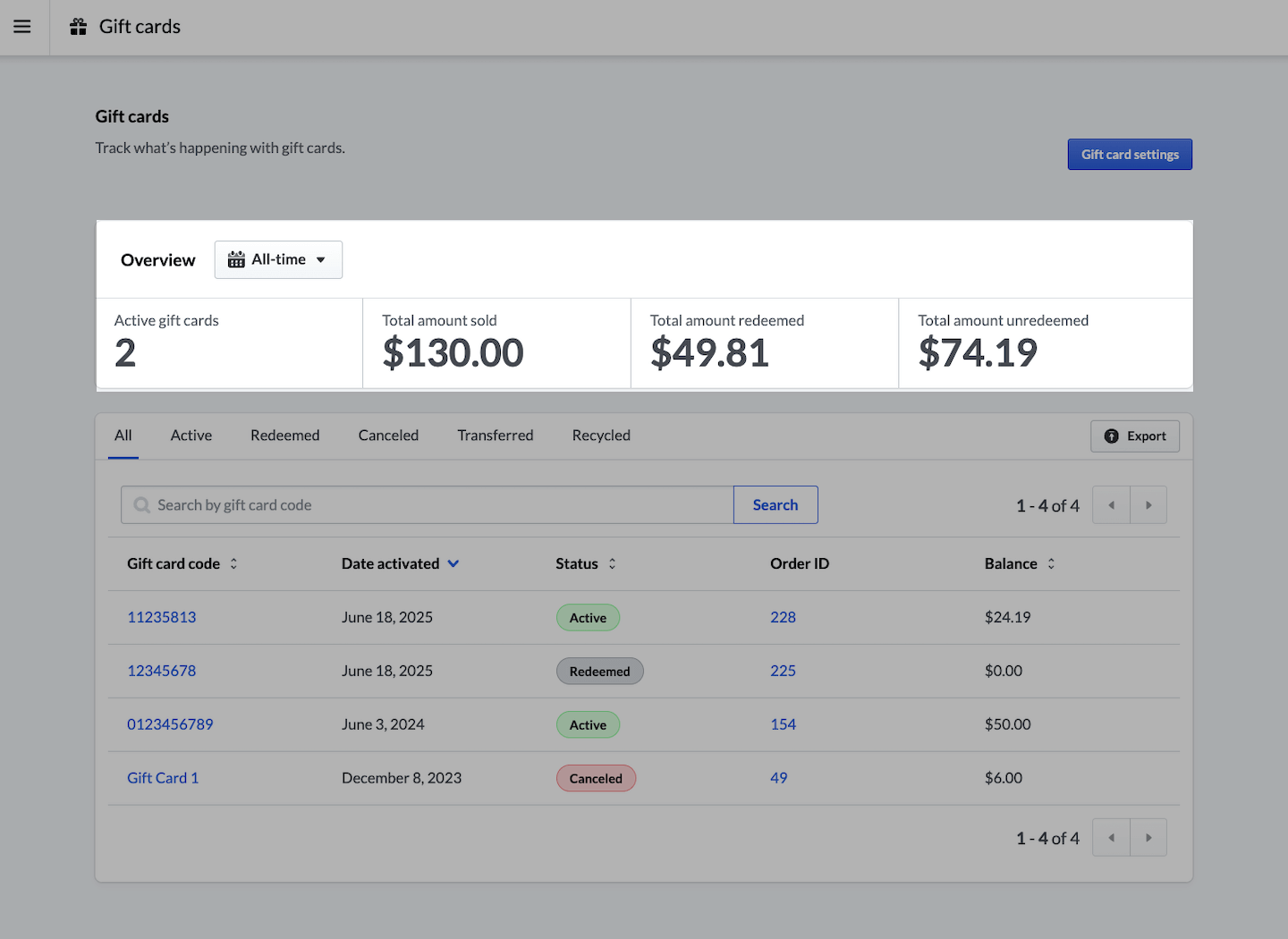 Gift cards page with Overview section emphasized.