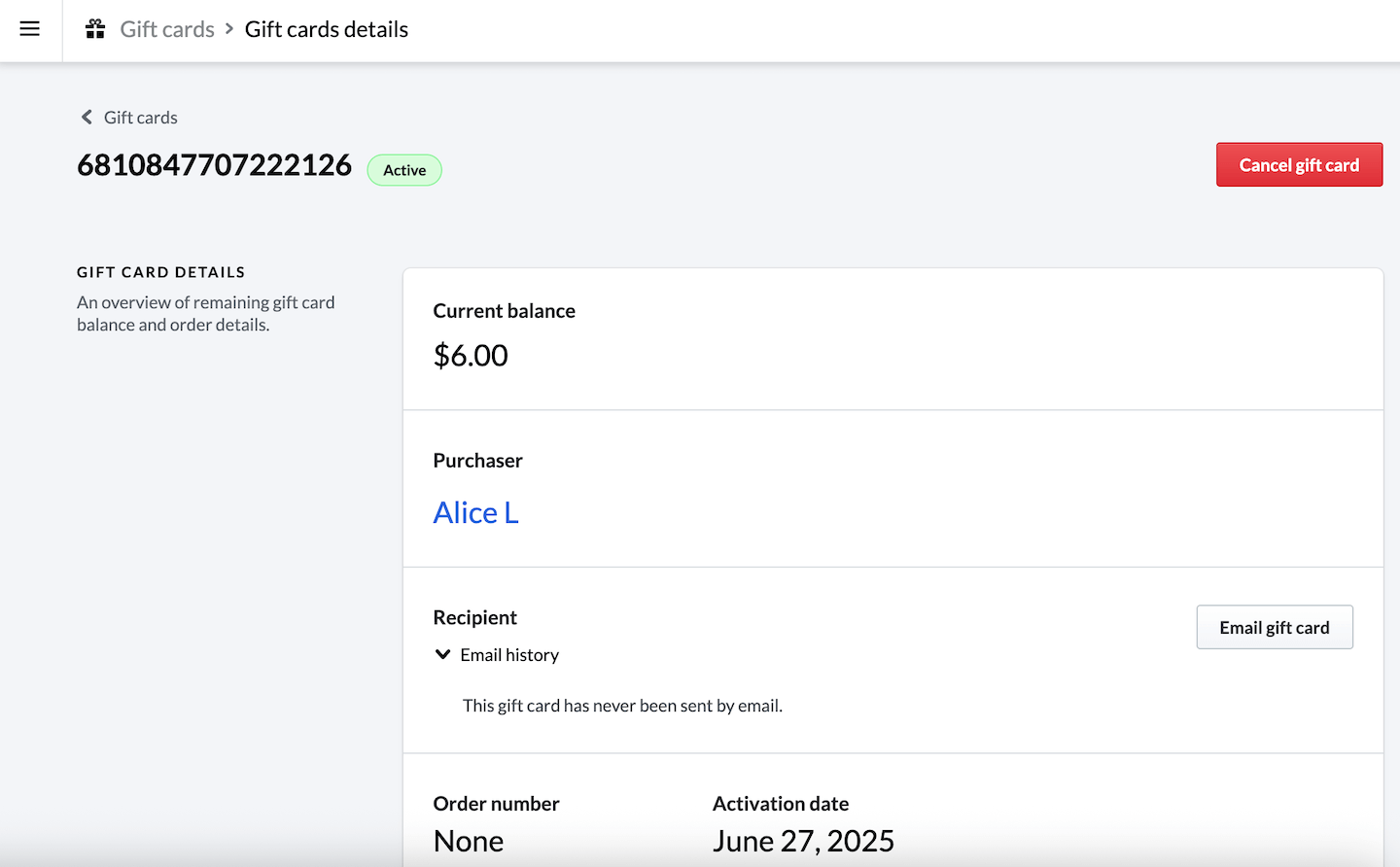 Gift card details for a specific active gift card.
