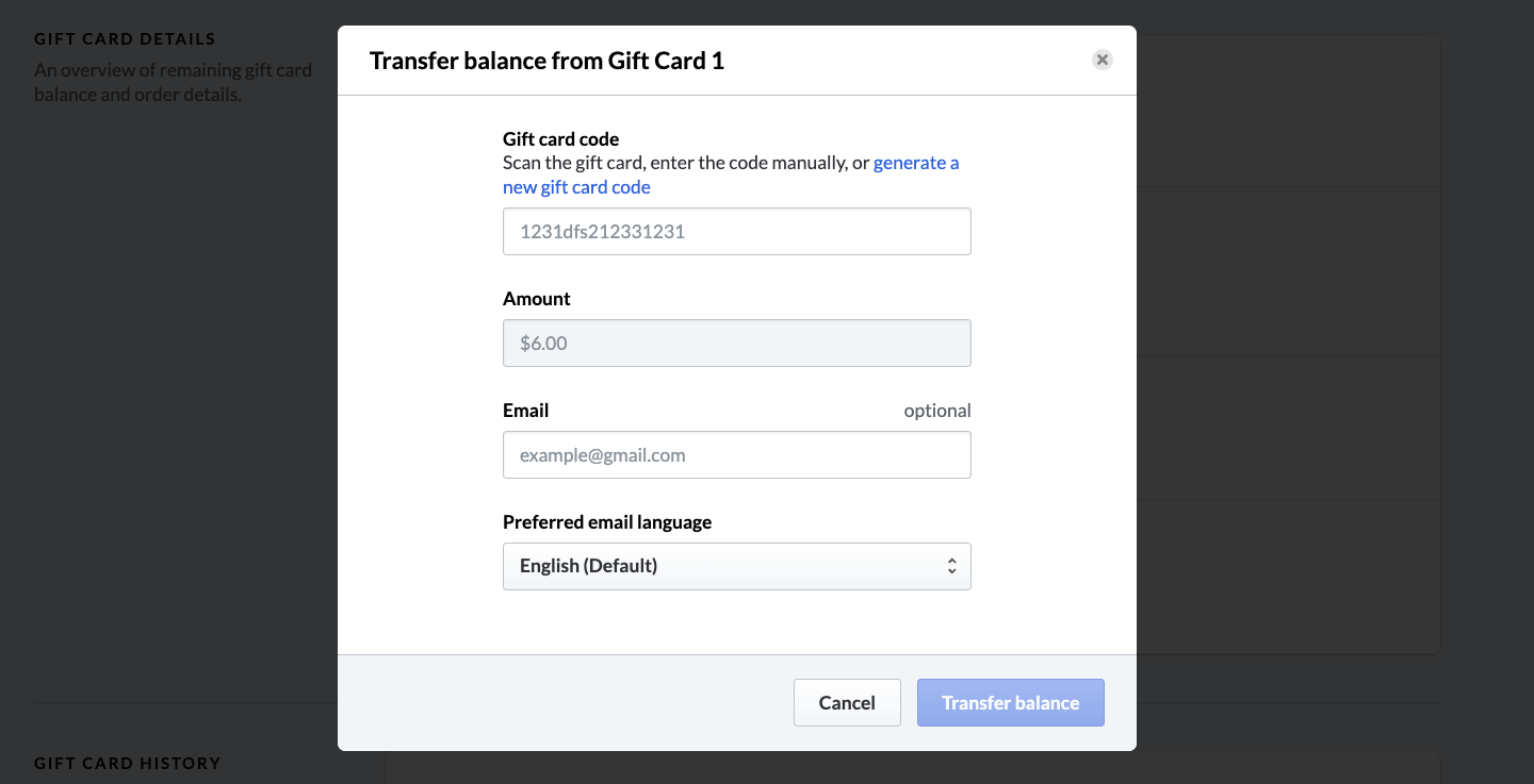 Transfer balance pop-up window.