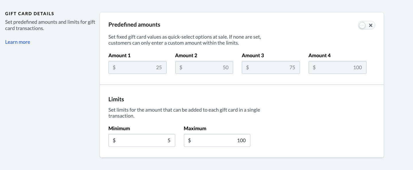 Gift card settings page showing Gift card details section.