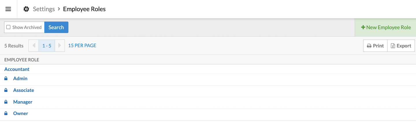 Employee roles page showing list of employee roles.