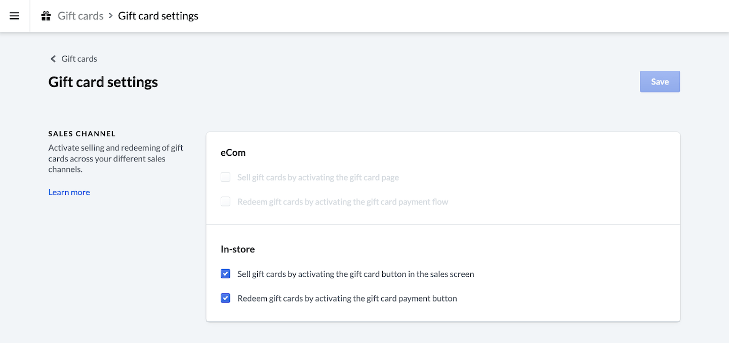 Gift card settings page showing Sales channel section.
