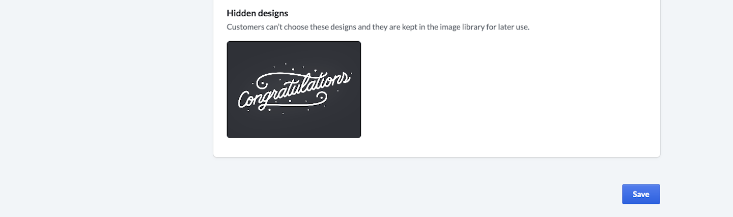Hidden designs section showing hidden gift card image.