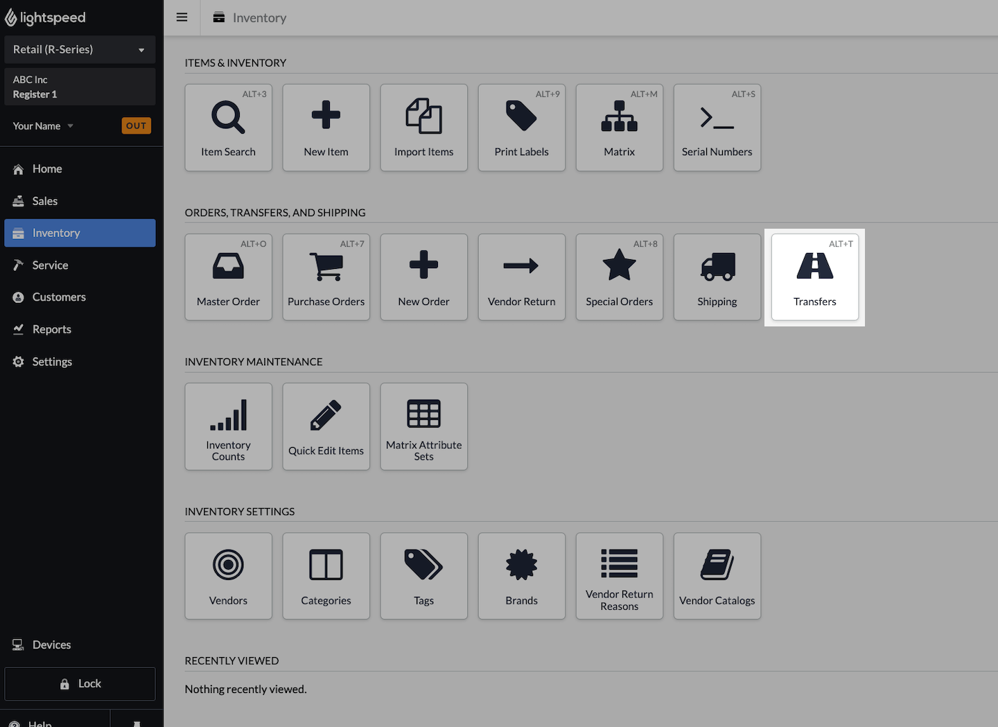 Inventory tab with Transfers option emphasized.