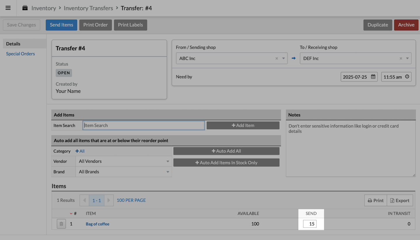Transfer page with the Send field highlighted.