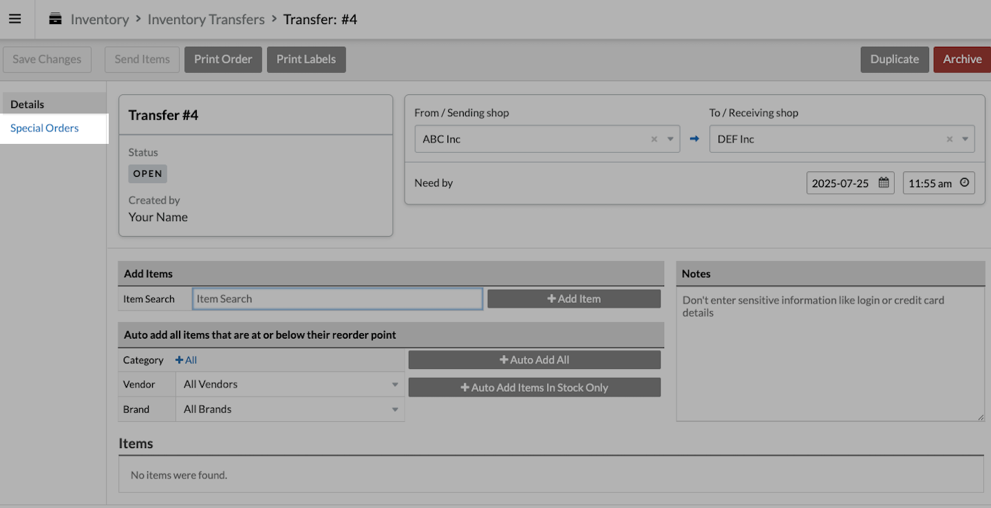 Transfer page with Special Orders tab emphasized.