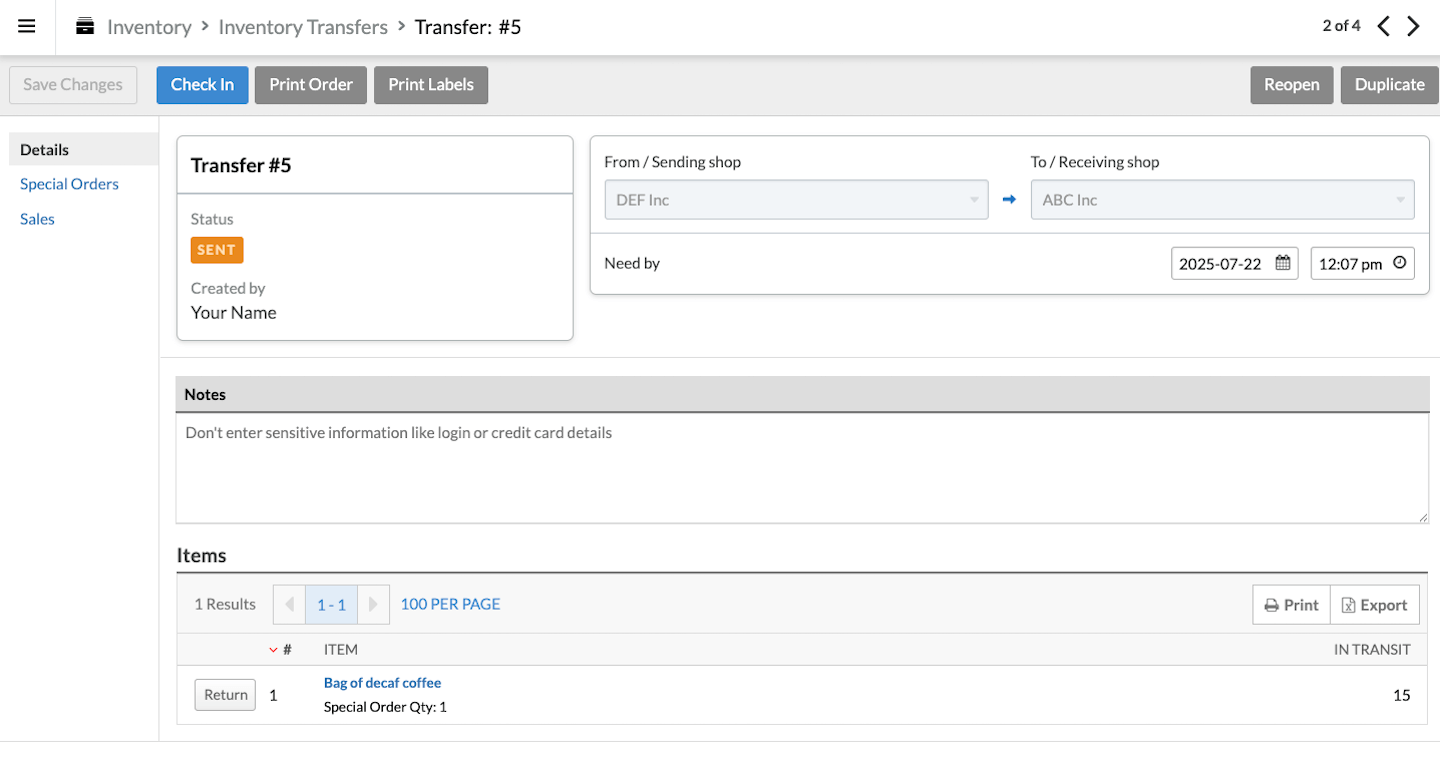 Inventory transfer page.