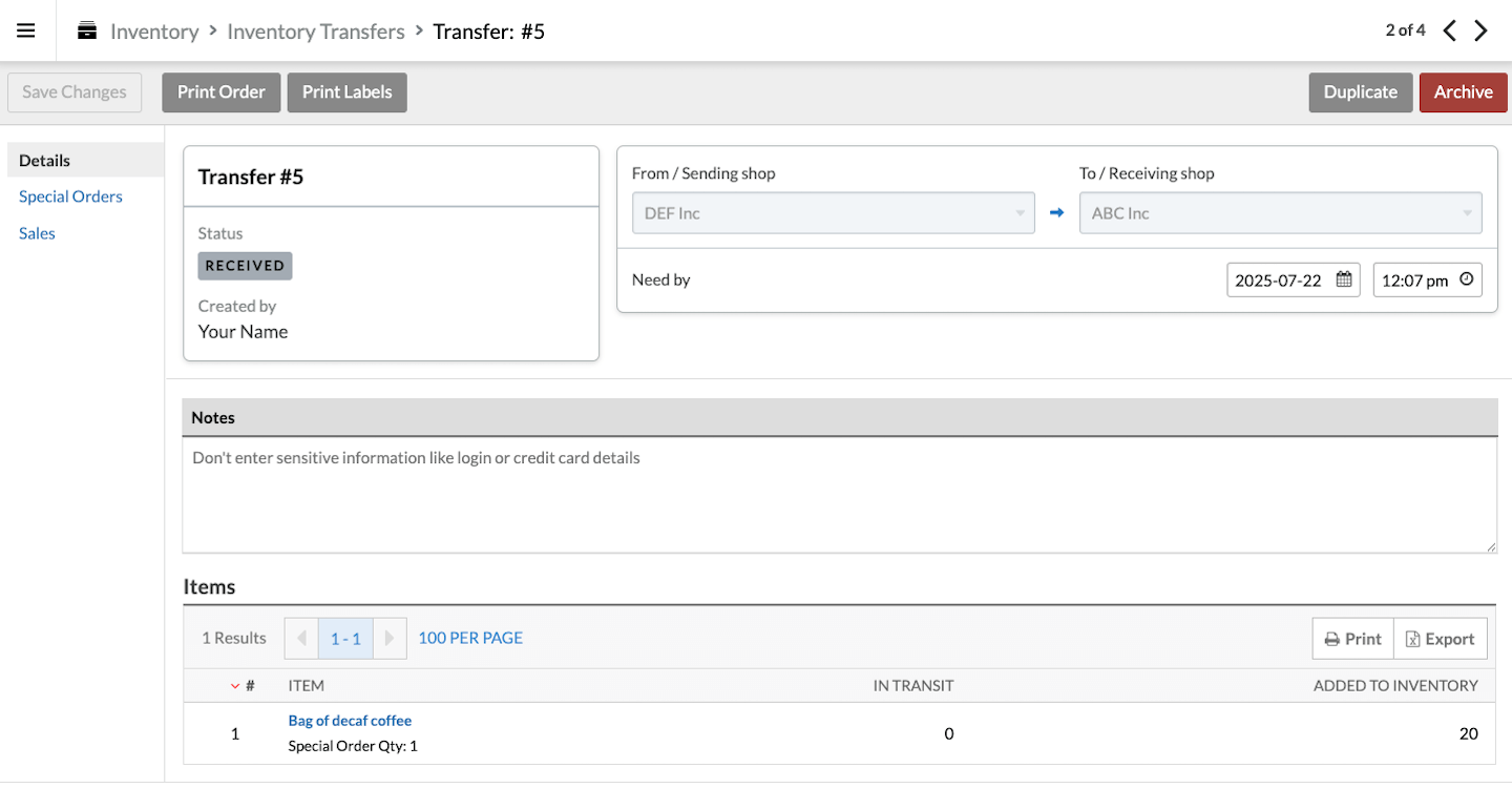 Transfer page showing status as Received.