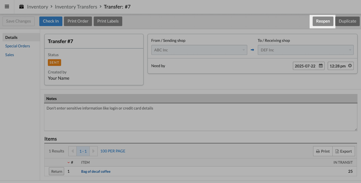 Transfer page with Reopen button emphasized.