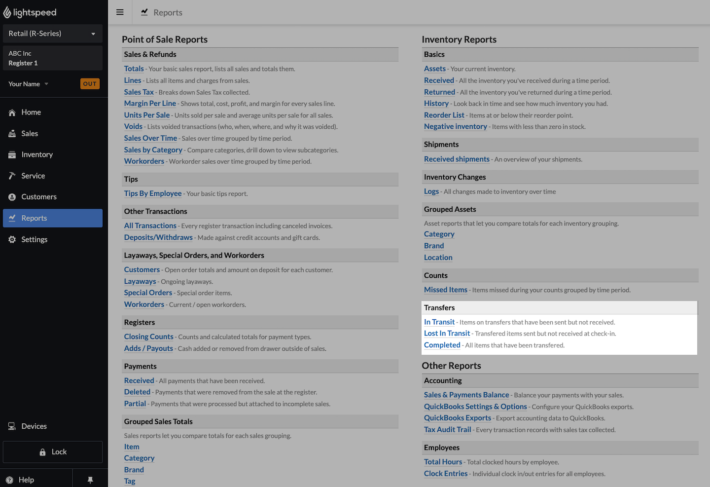 Reports page with Transfers section emphasized.