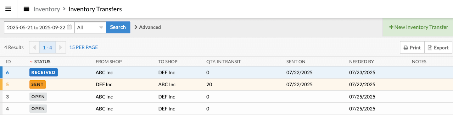 Inventory Transfers page showing list of transfers and + New Inventory Transfer button.