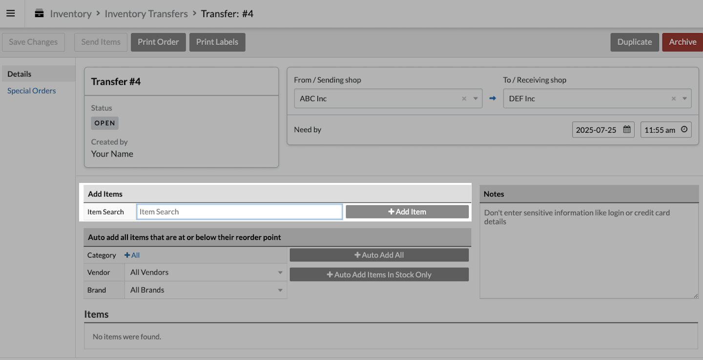 Transfer page with Add Items section emphasized.