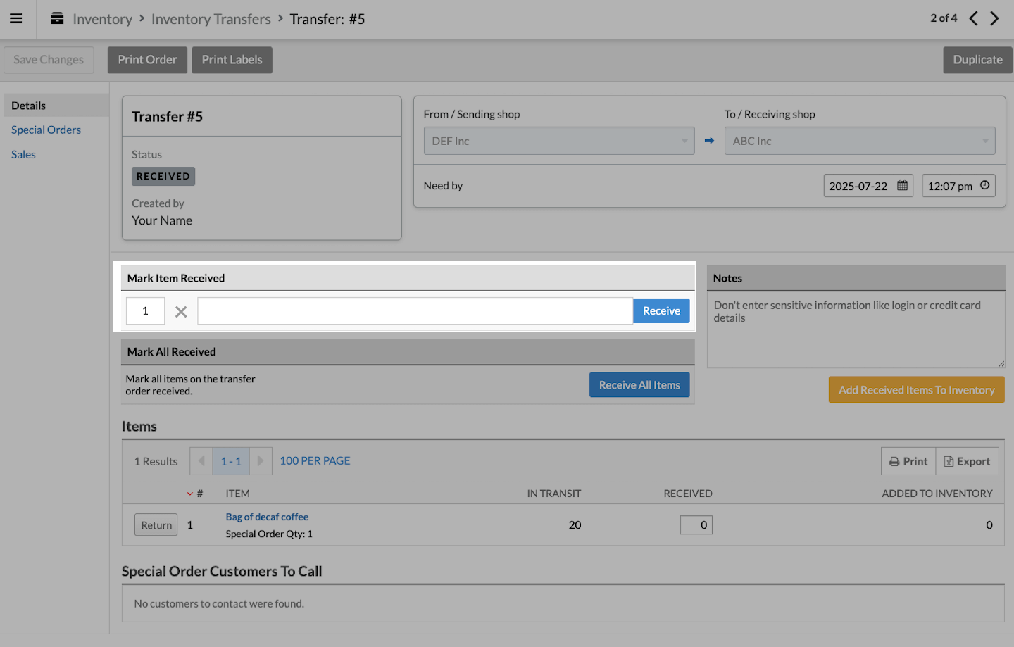 Recieve transfer page with Mark Item Received section emphasized.