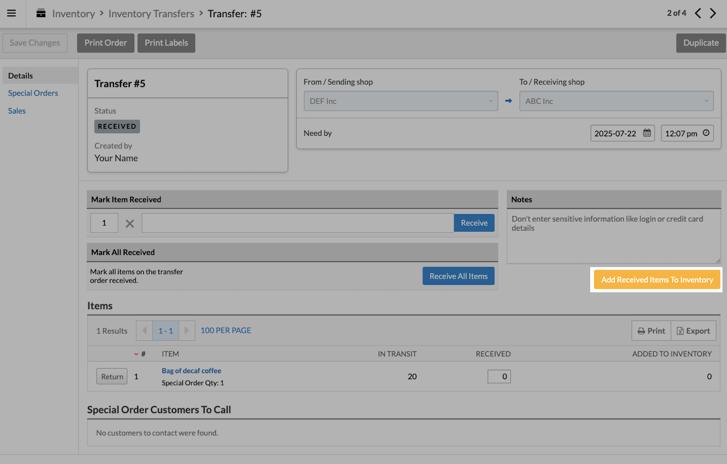 Add Received Items To Inventory button emphasized.