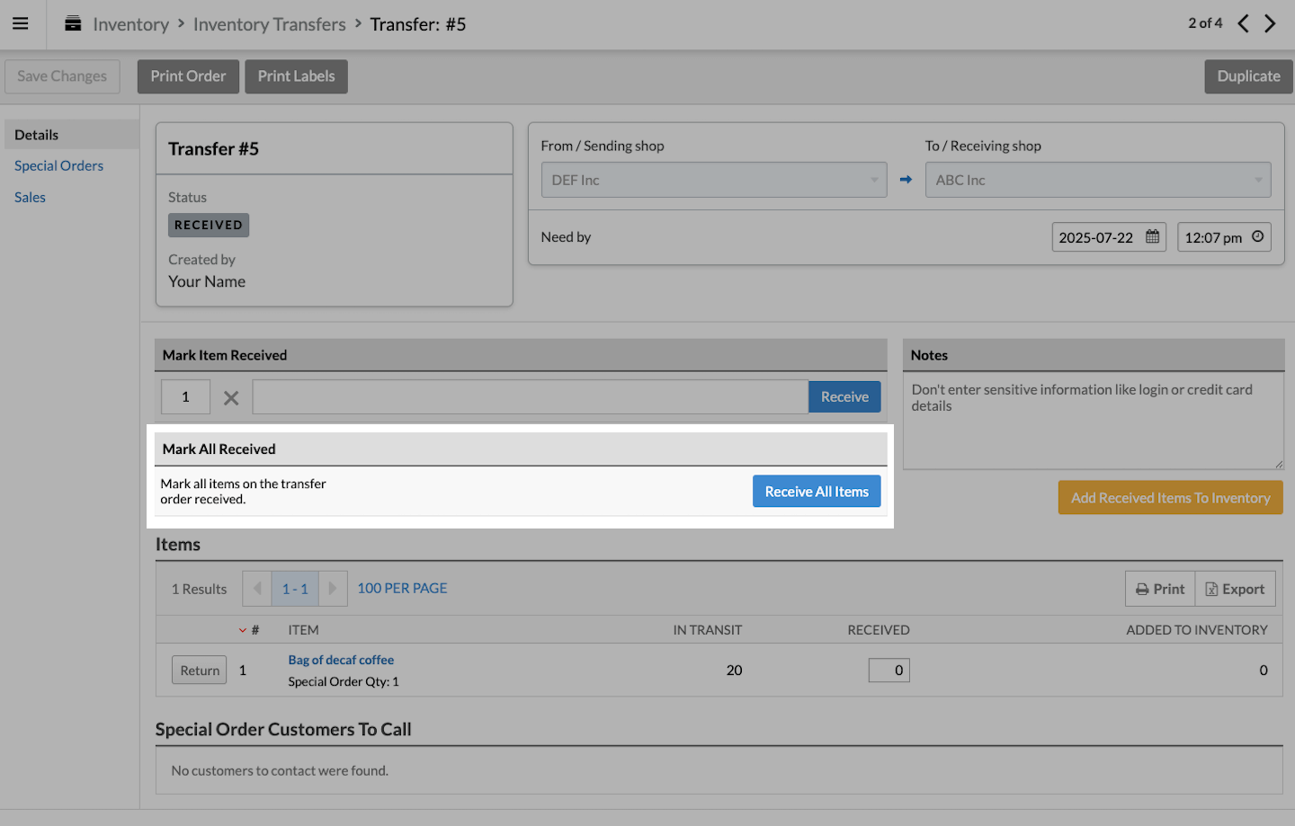 Receive transfer page with Mark All Received section emphasized.