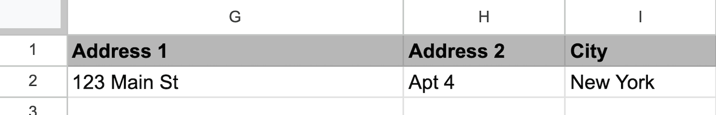 The customer data import spreadsheet showing the columns Address 1, Address 2, and City.