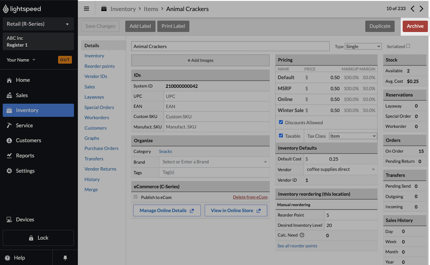 Item page with Archive button emphasized.