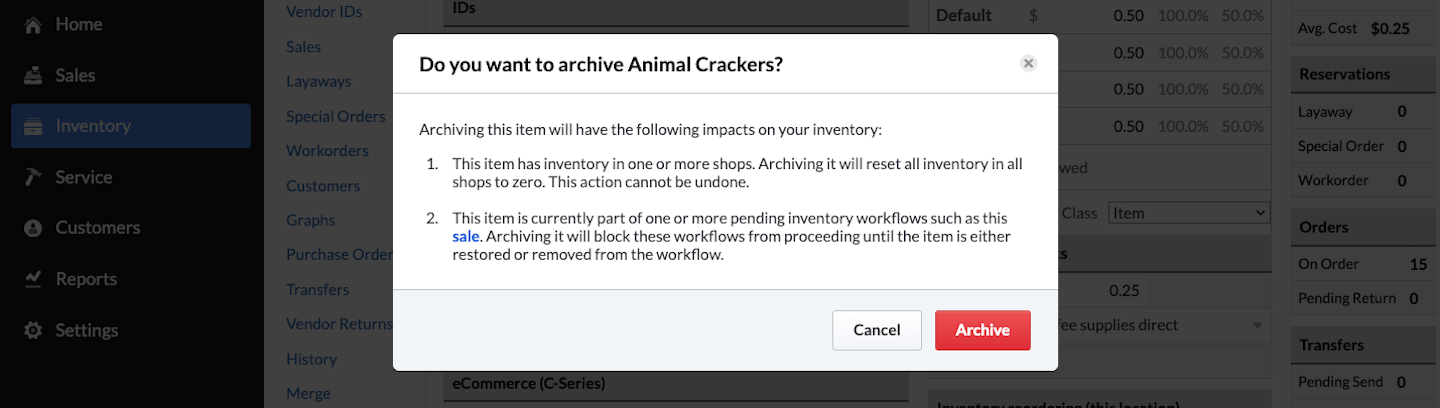 Pop-up warning with options to Archive or Cancel.