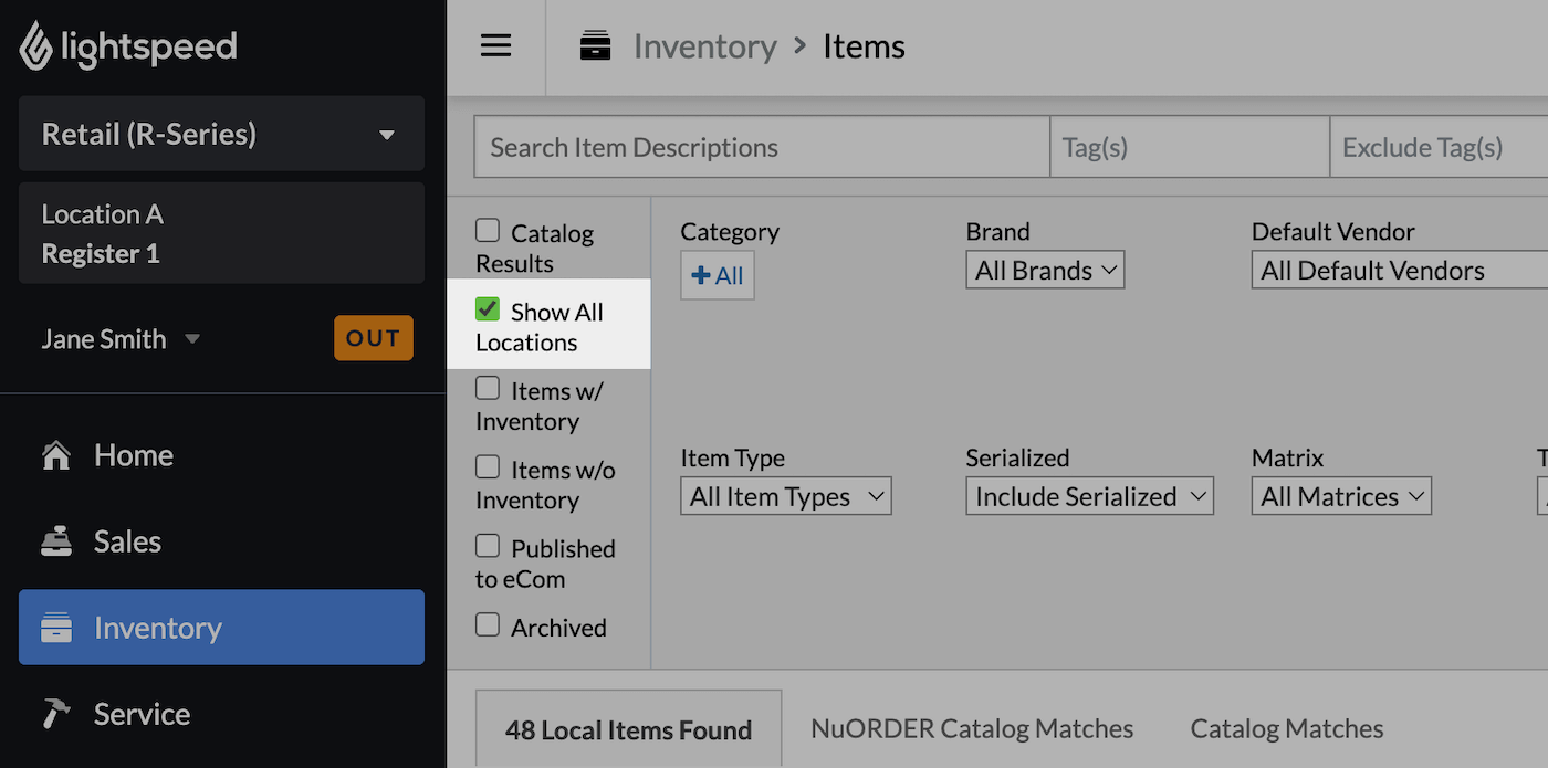Inventory item view with show all locations checkbox highlighted.