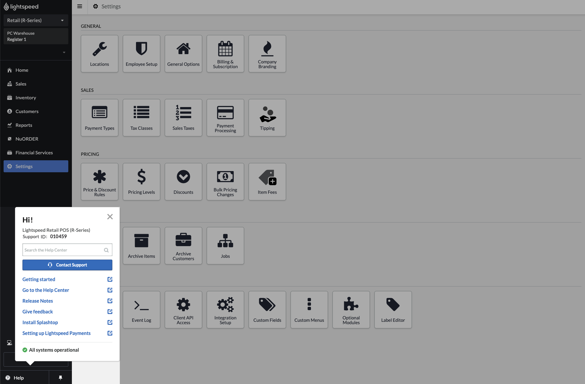 Help menu in Lighspeed Retail POS with Support ID near the top.