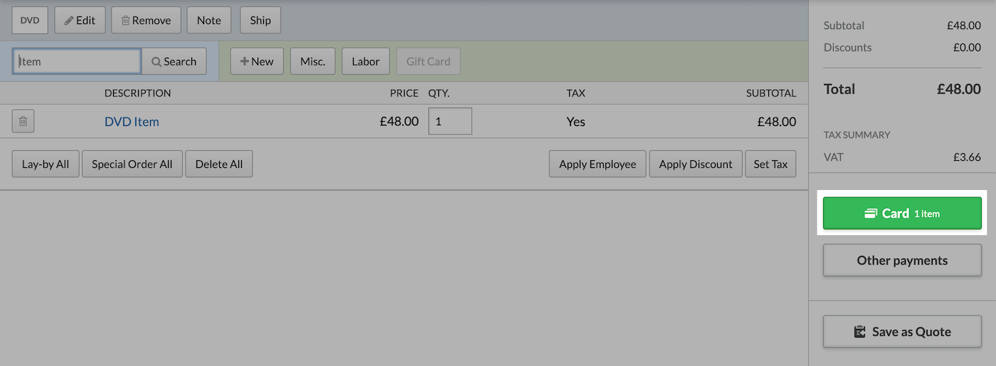 Sales screen with the Card button highlighted.