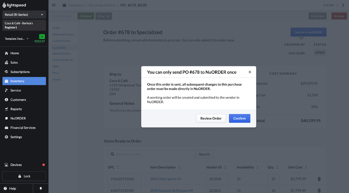 Send purchase order to NuORDER dialogue box.