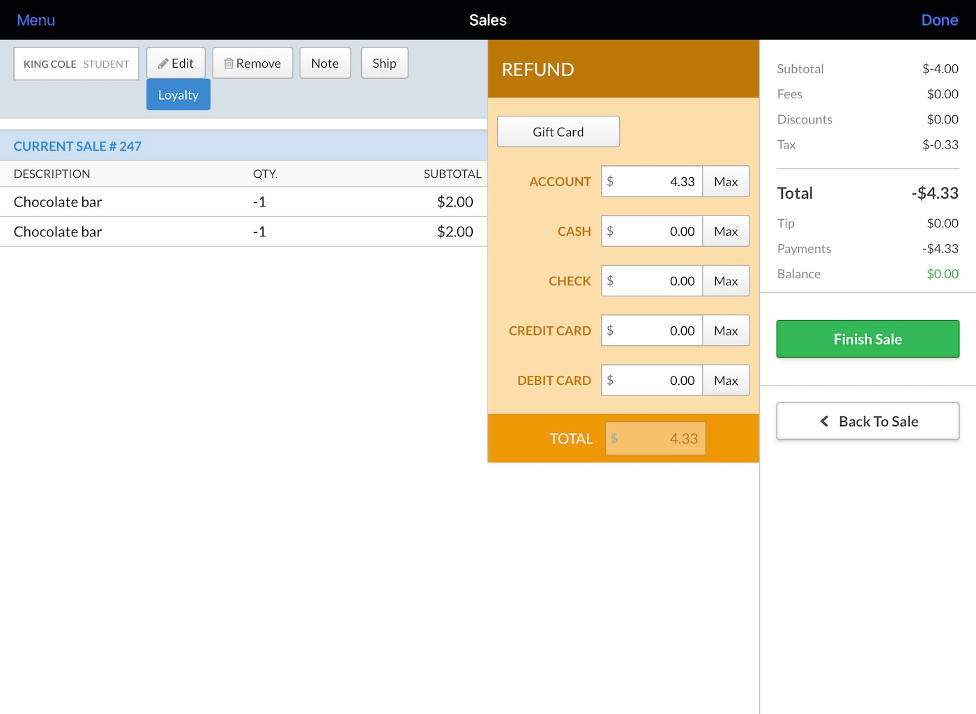 Refund items using Credit account as payment