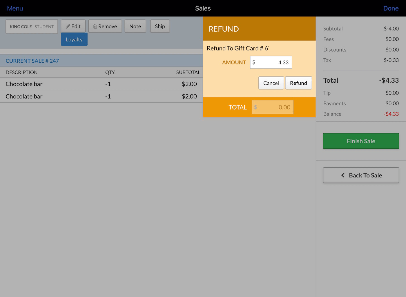Enter amount to be refunded.