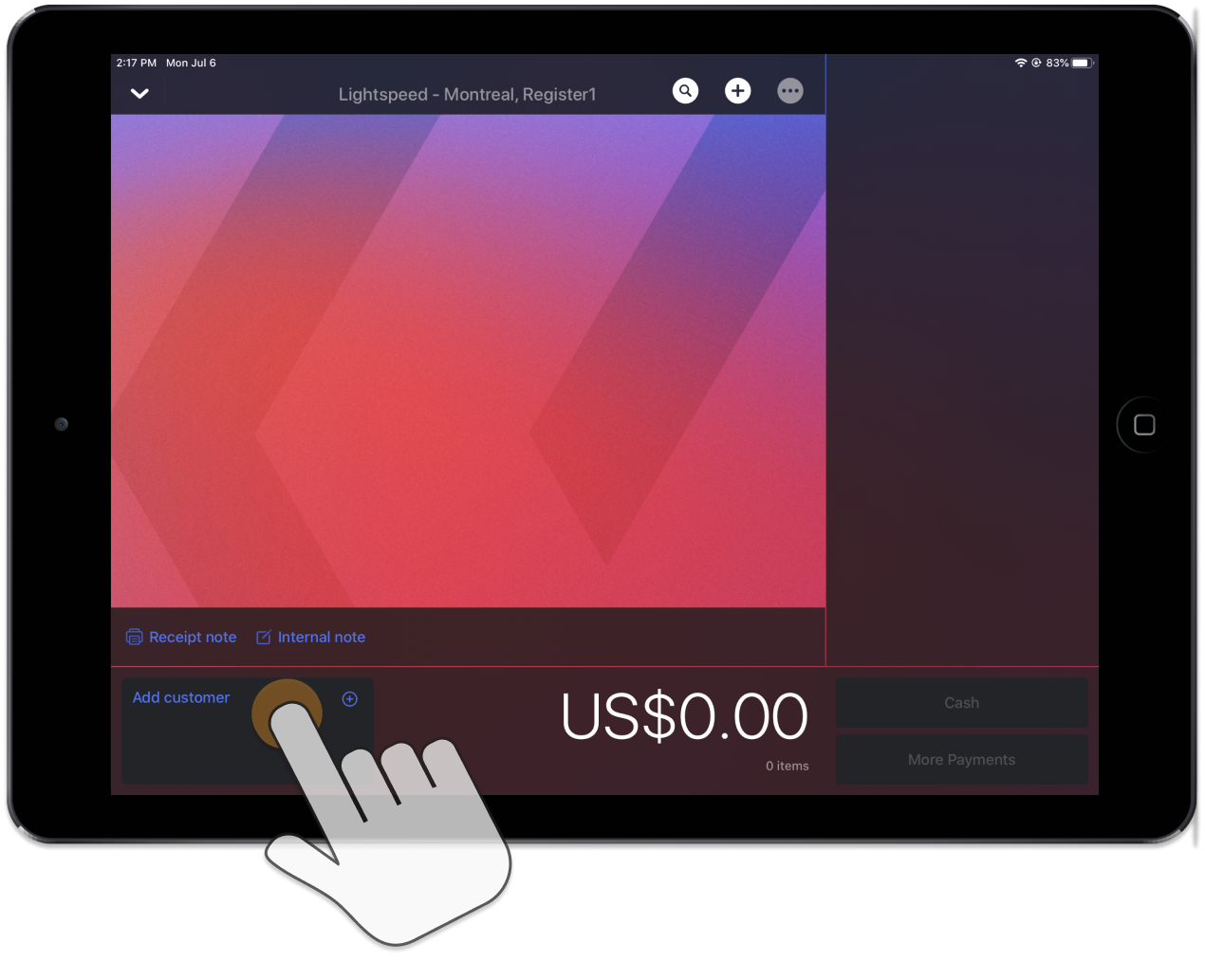 Vente ouverte sur iPad, le bouton Ajouter un client est mis en évidence.