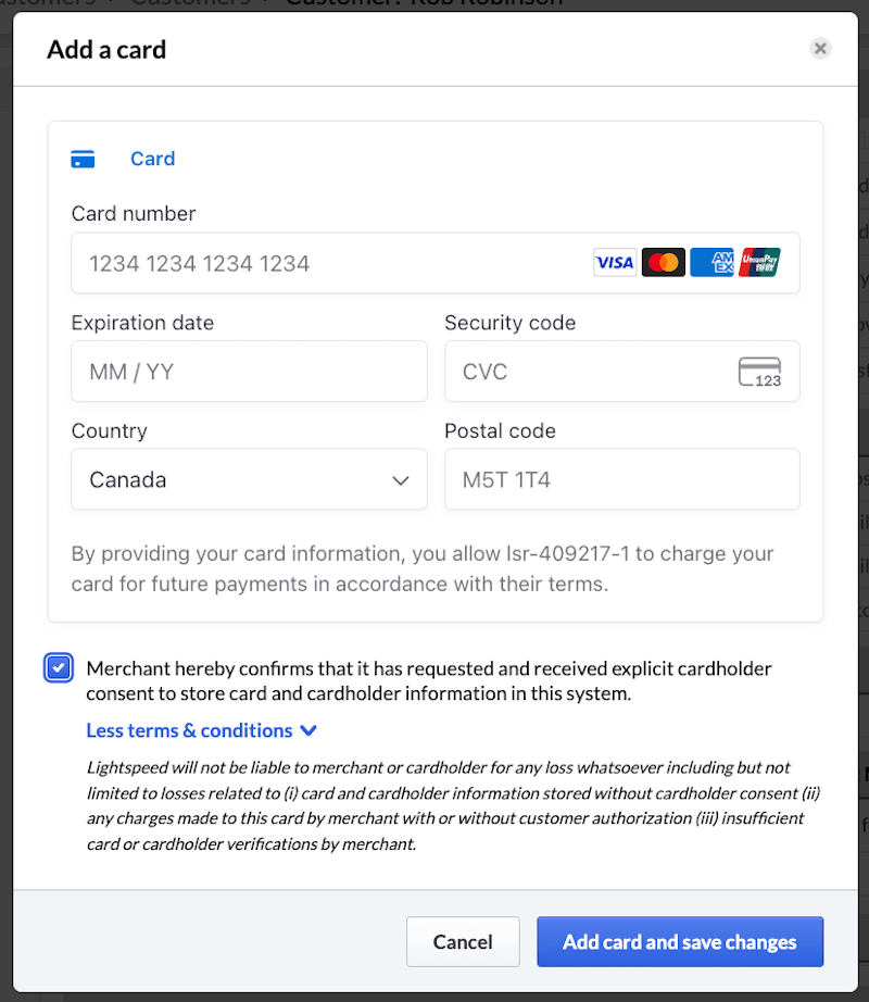 Page des données de la carte, des champs permettent de saisir les informations de la carte et une case permet de confirmer que le client vous a donné l’autorisation d’enregistrer sa carte.