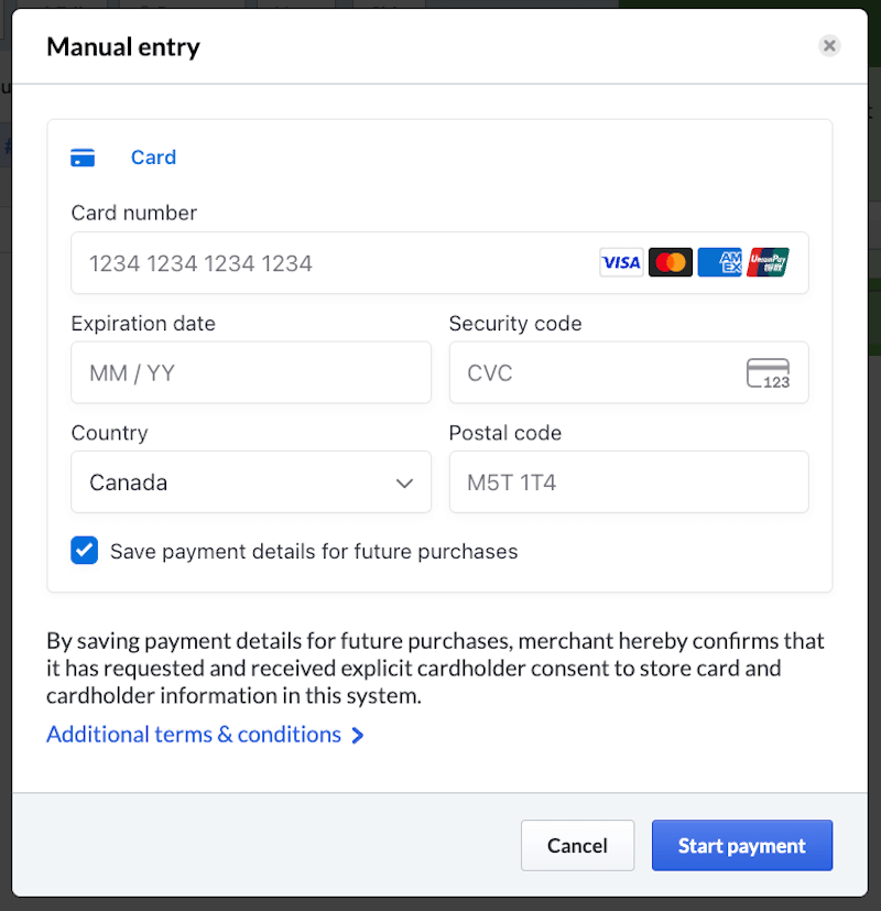 Page des détails de la carte présentant les champs de saisie des informations et une case permettant d’enregistrer les détails de la carte pour de futurs achats.