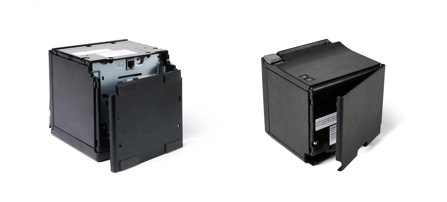 Printer met geopende kleppen aan de achter- en onderkant.