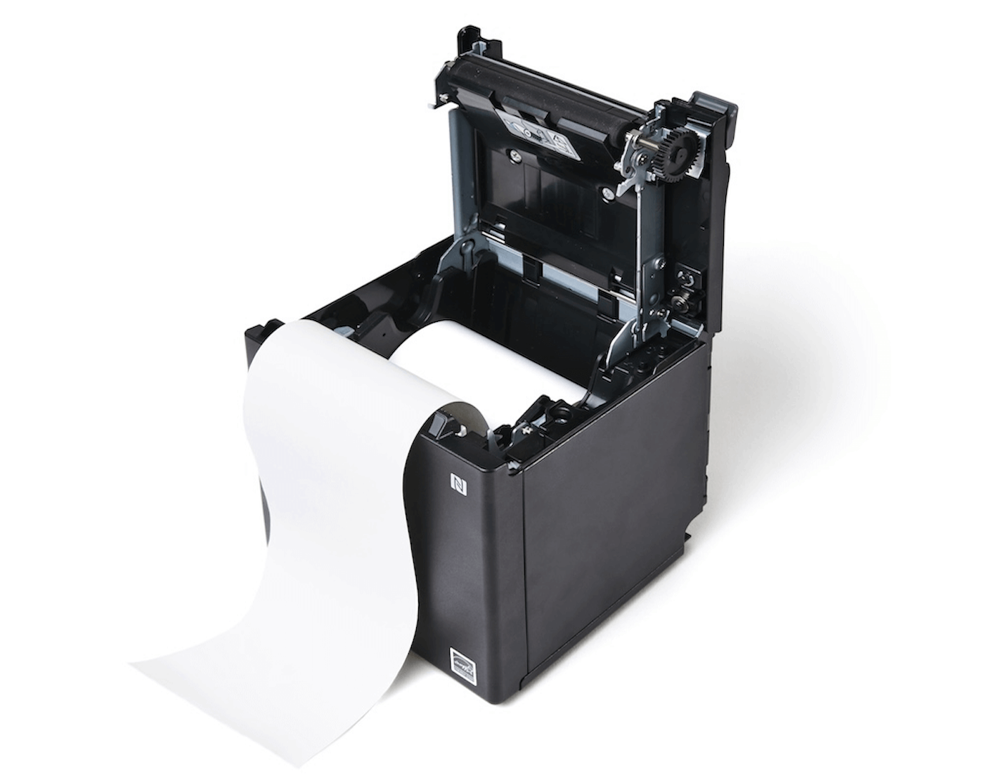Rouleau de papier inséré dans une imprimante.