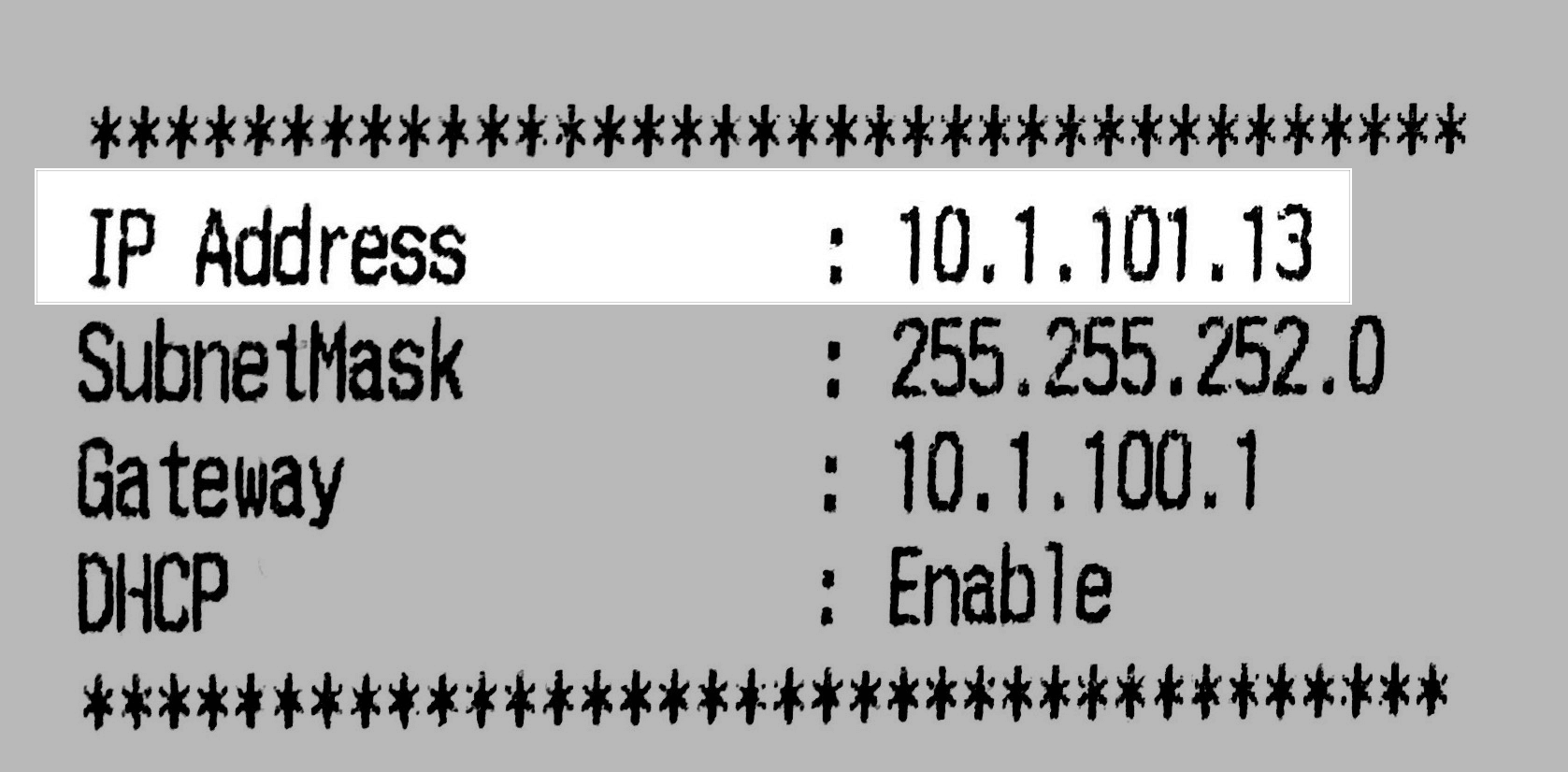 Fiche de configuration réseau, l’adresse IP est mise en évidence.
