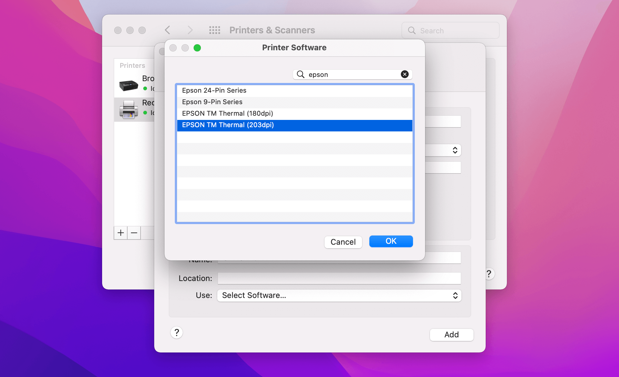 Fenêtre Logiciel de l’imprimante présentant le logiciel EPSON TM Thermal (203dpi).