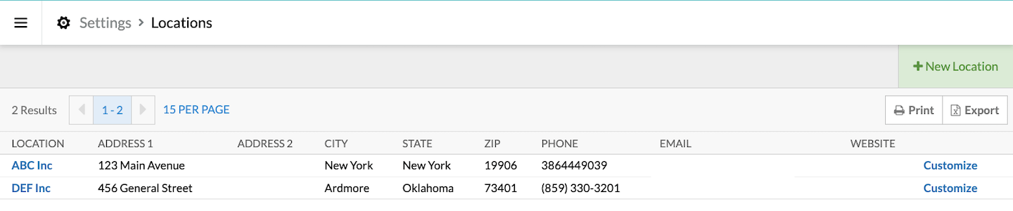 List of locations with Customize option visible.