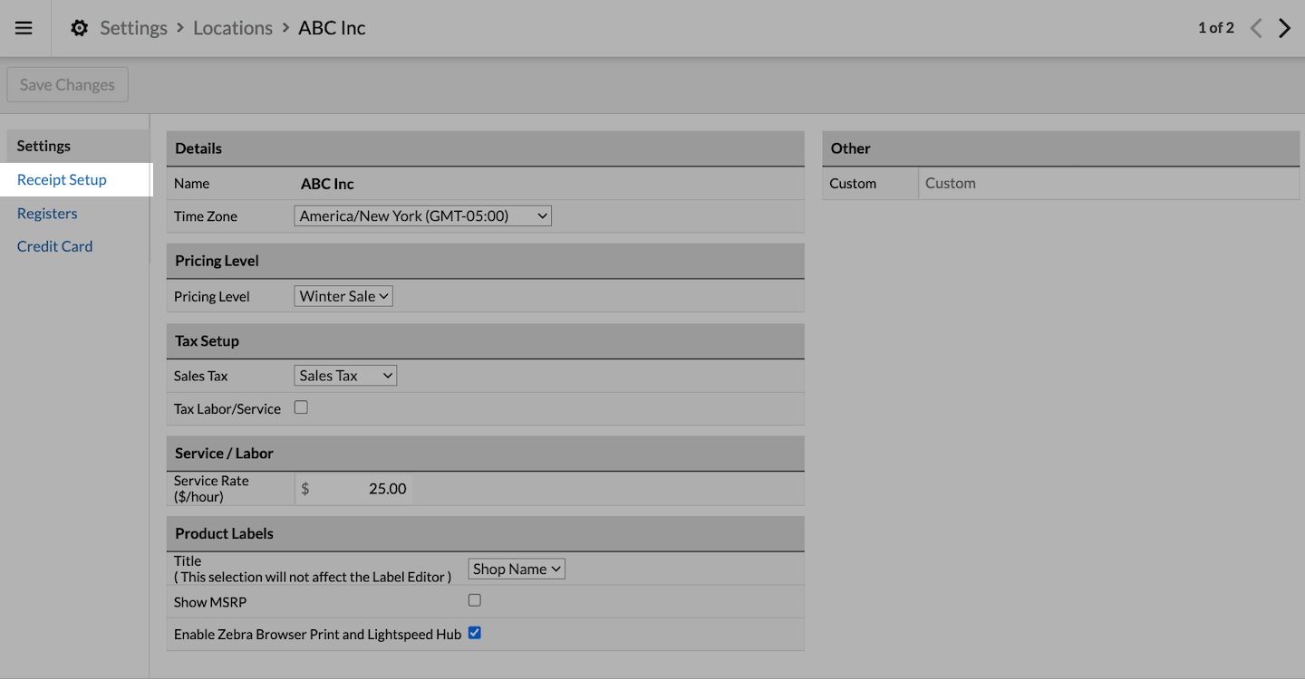 Location page with Receipt Setup tab emphasized.