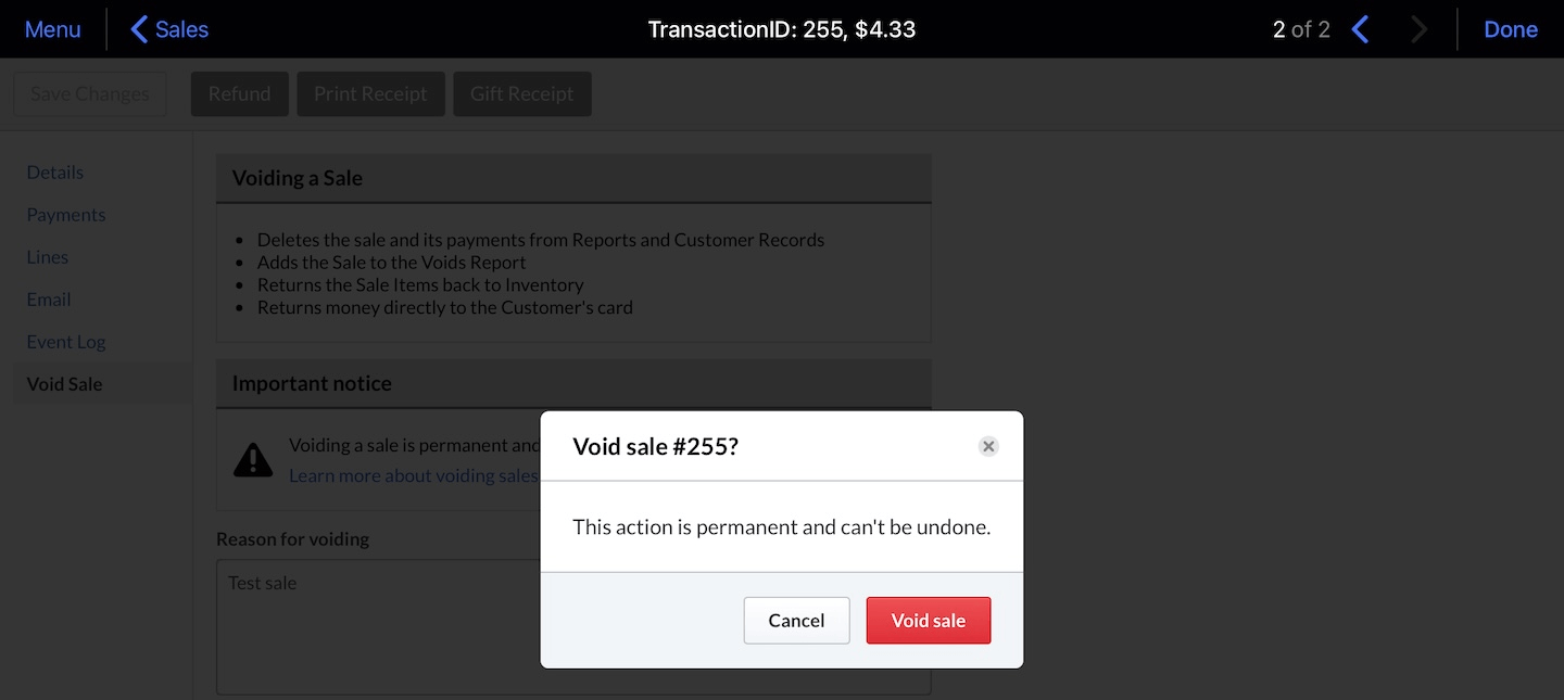 Warning pop-up stating that voiding a sale can't be undone.