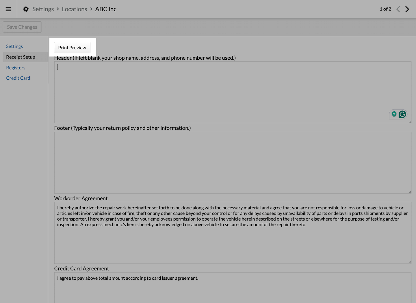 Receipt Setup page with Print Preview button emphasized.