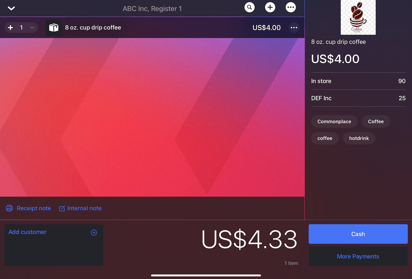 Sale with Cash option visible.