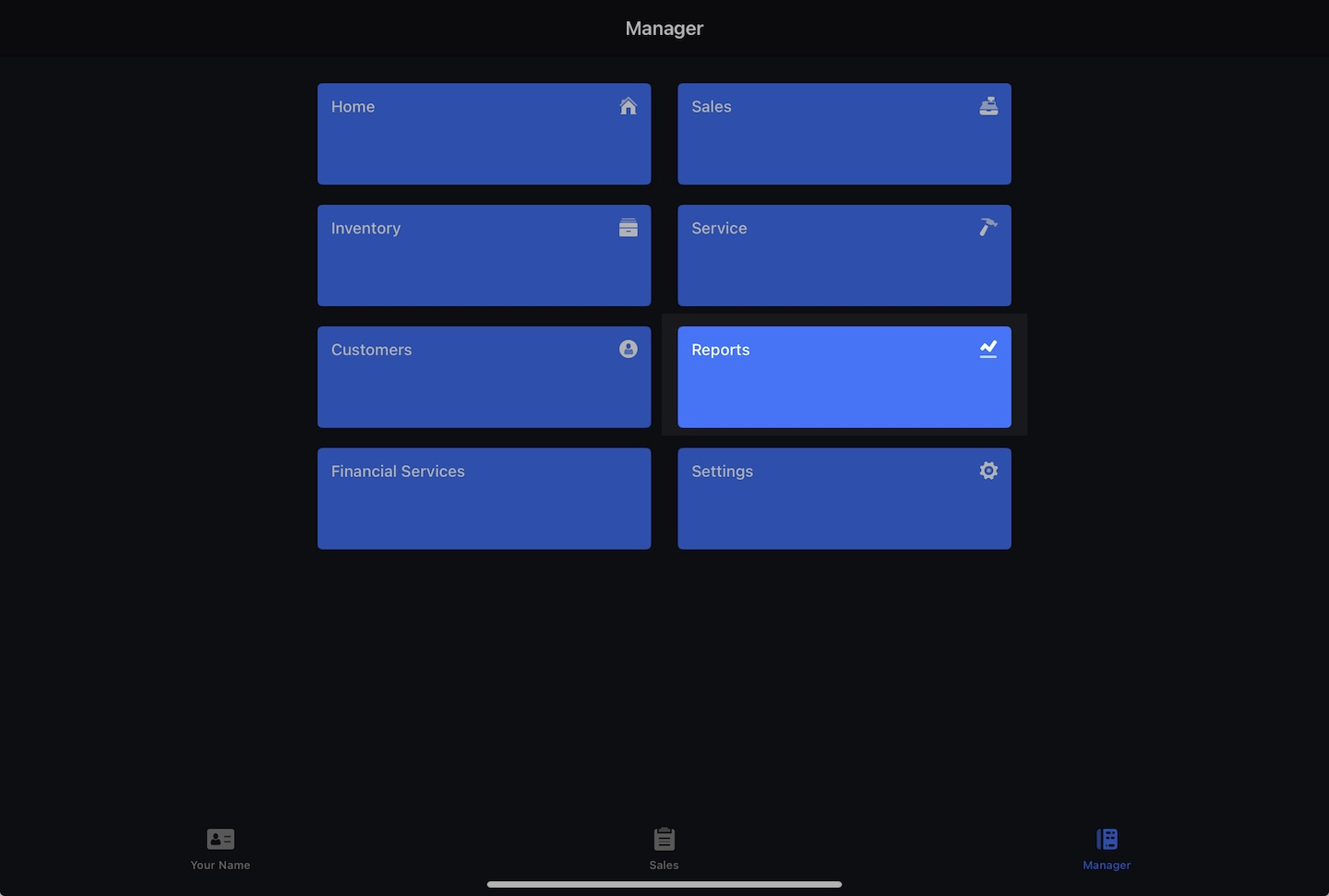 Manager tab with Reports emphasized.