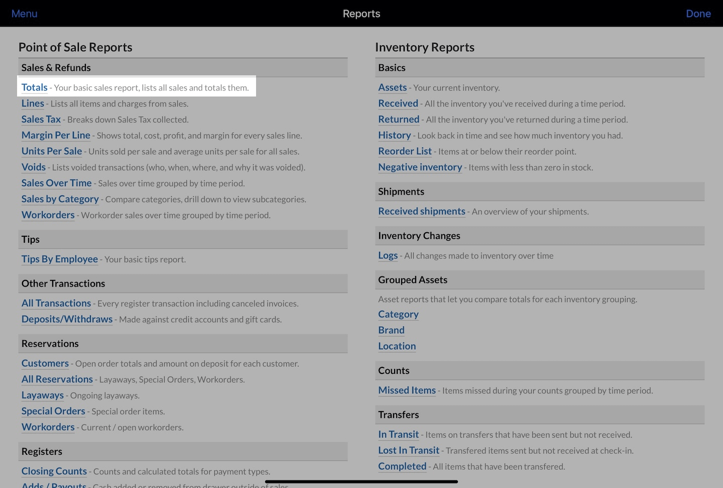 Reports page with Totals report emphasized.