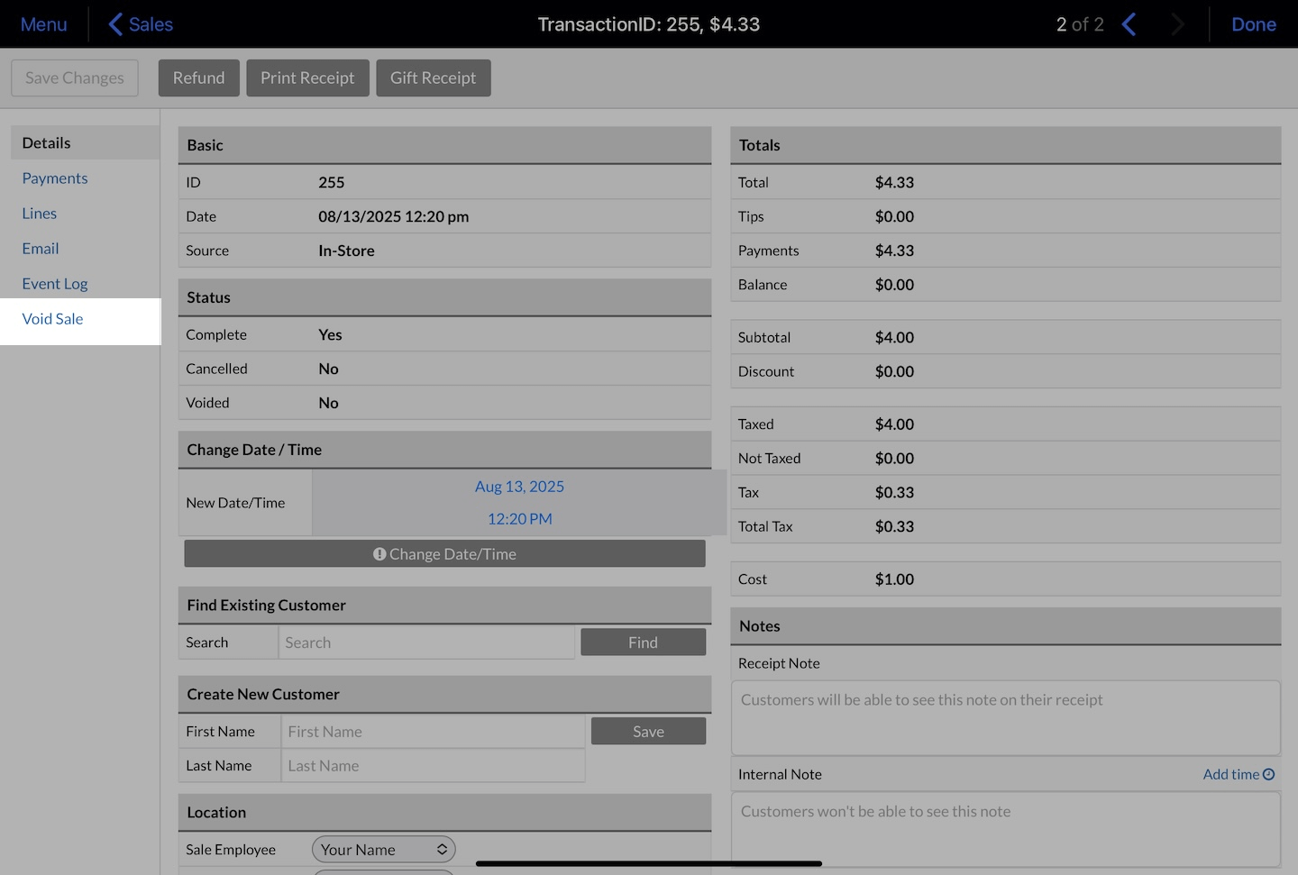 Specific sale with Void Sale tab emphasized.